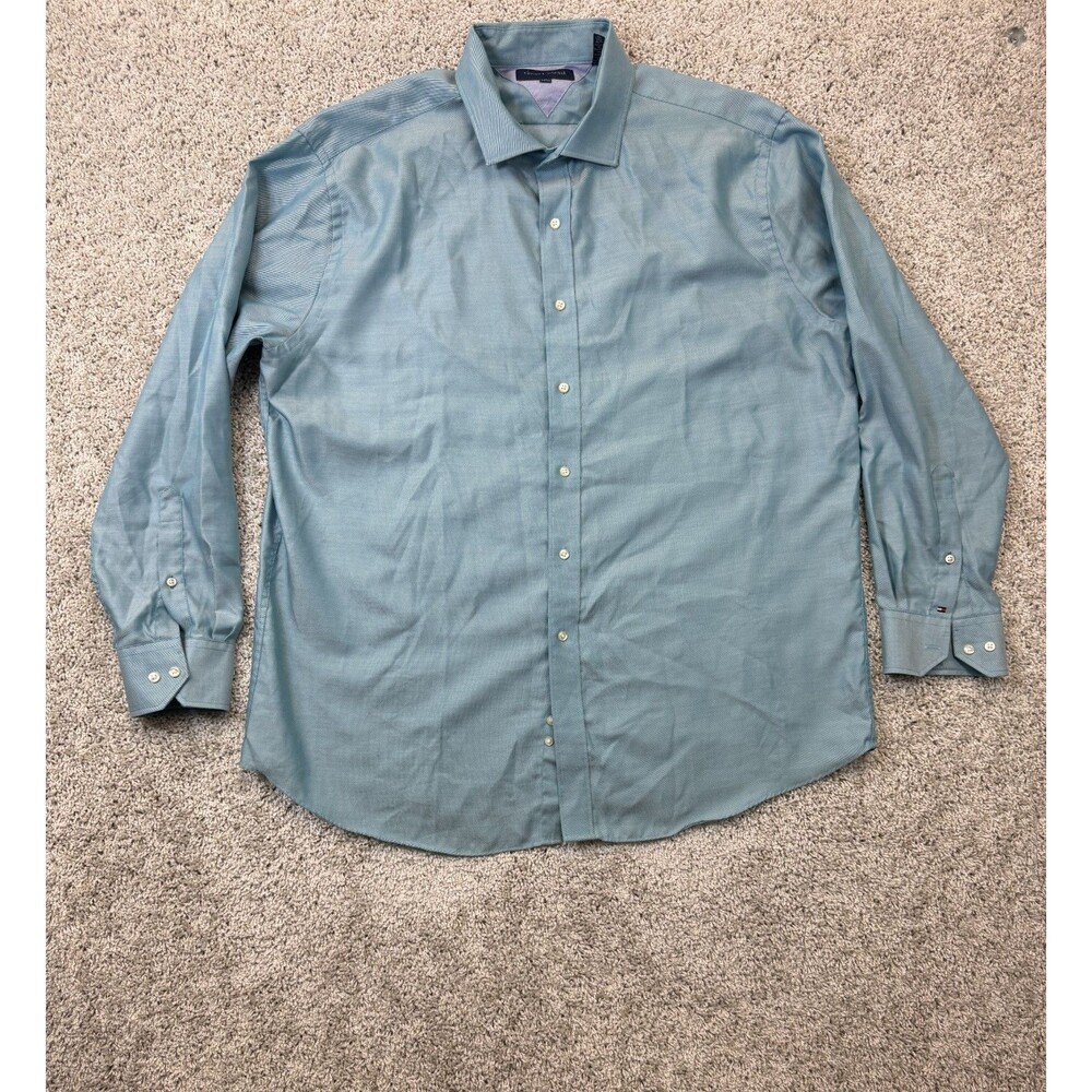 Tommy Hilfiger Mens 18 34/35 Green Striped 100% Cotton Dress Shirt Long Sleeve